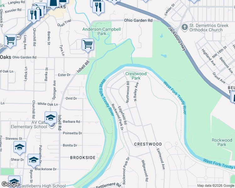 map of restaurants, bars, coffee shops, grocery stores, and more near 3828 Oaklawn Drive in Fort Worth