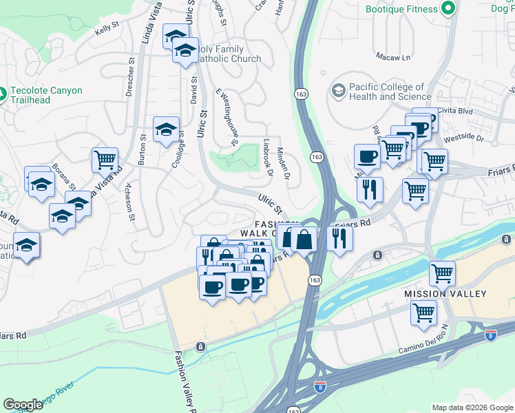 map of restaurants, bars, coffee shops, grocery stores, and more near 7187 Camino Degrazia in San Diego
