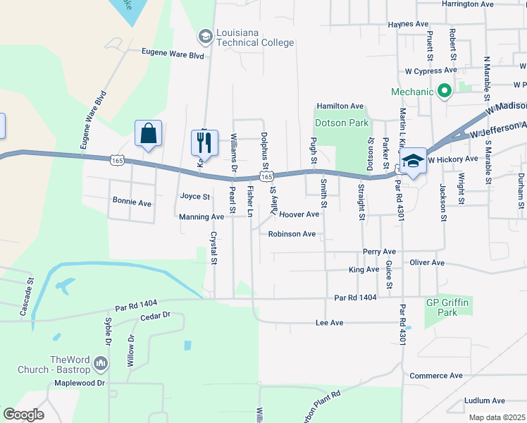 map of restaurants, bars, coffee shops, grocery stores, and more near 100-198 Talley Street in Bastrop