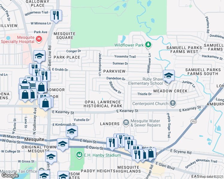 map of restaurants, bars, coffee shops, grocery stores, and more near 712 Billshaw Drive in Mesquite