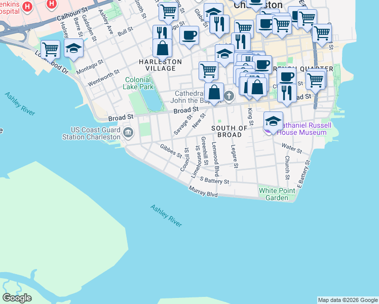 map of restaurants, bars, coffee shops, grocery stores, and more near 22 Council Street in Charleston
