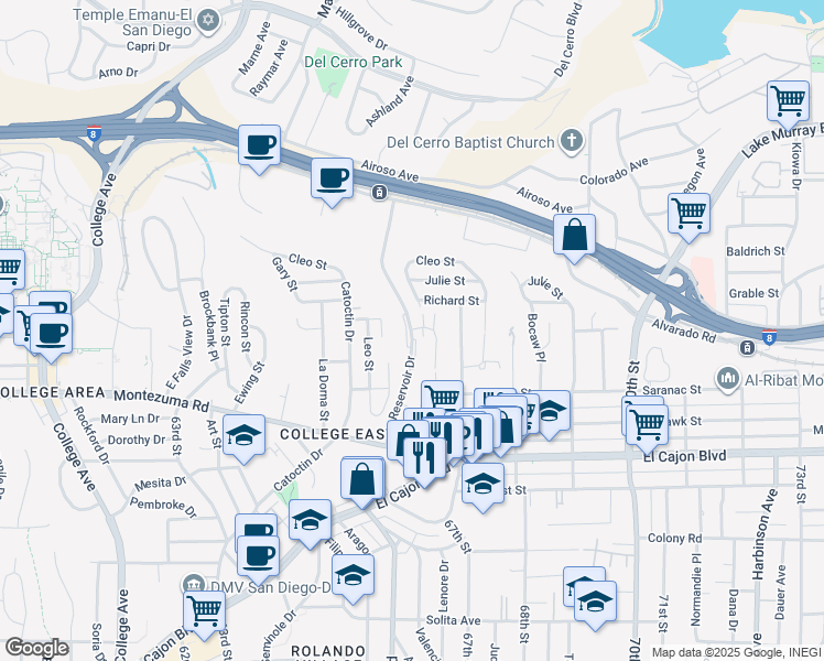 map of restaurants, bars, coffee shops, grocery stores, and more near Reservoir Drive & Reservoir Lane in San Diego