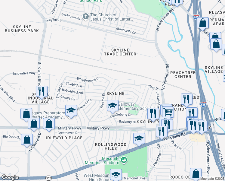 map of restaurants, bars, coffee shops, grocery stores, and more near 325 Clary Drive in Mesquite