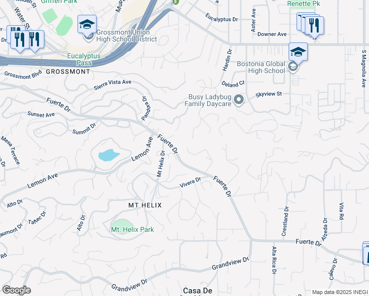 map of restaurants, bars, coffee shops, grocery stores, and more near 5030 Helix Terrace in La Mesa
