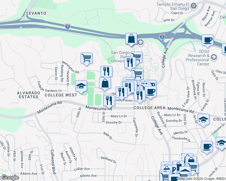 map of restaurants, bars, coffee shops, grocery stores, and more near 5585 Aztec Walk in San Diego