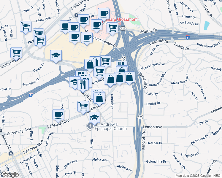 map of restaurants, bars, coffee shops, grocery stores, and more near 8867 Grossmont Boulevard in La Mesa