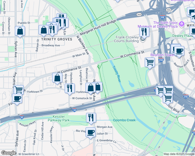 map of restaurants, bars, coffee shops, grocery stores, and more near Perimeter Road in Dallas