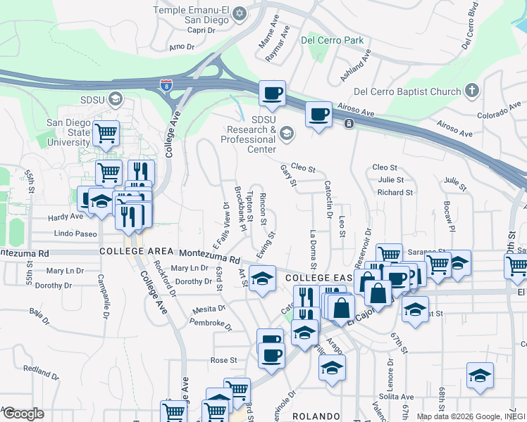 map of restaurants, bars, coffee shops, grocery stores, and more near Rincon Street in San Diego