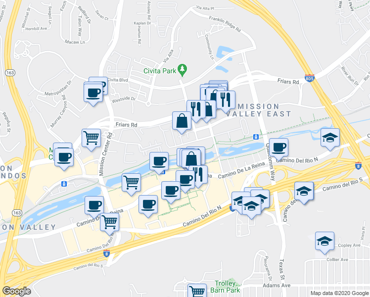 map of restaurants, bars, coffee shops, grocery stores, and more near 2182 Gill Village Way in San Diego