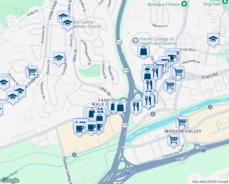 map of restaurants, bars, coffee shops, grocery stores, and more near 1418 Minden Drive in San Diego