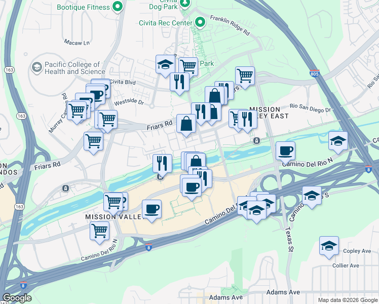map of restaurants, bars, coffee shops, grocery stores, and more near 8233 Station Village Lane in San Diego