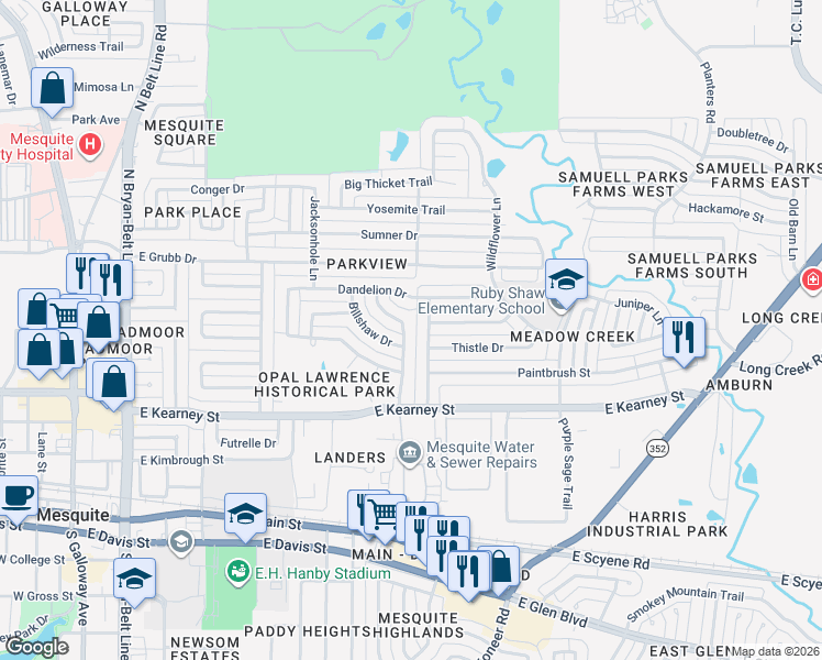 map of restaurants, bars, coffee shops, grocery stores, and more near 710 Hugh Walker Drive in Mesquite