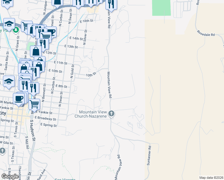 map of restaurants, bars, coffee shops, grocery stores, and more near 209-213 Mountain View Rd in Silver City