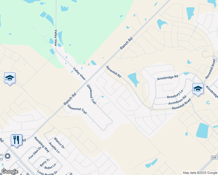 map of restaurants, bars, coffee shops, grocery stores, and more near 1517 Fairweather Way in Forney