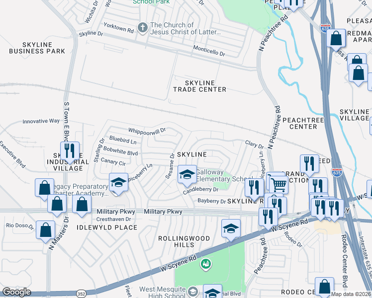 map of restaurants, bars, coffee shops, grocery stores, and more near 337 Clary Drive in Mesquite