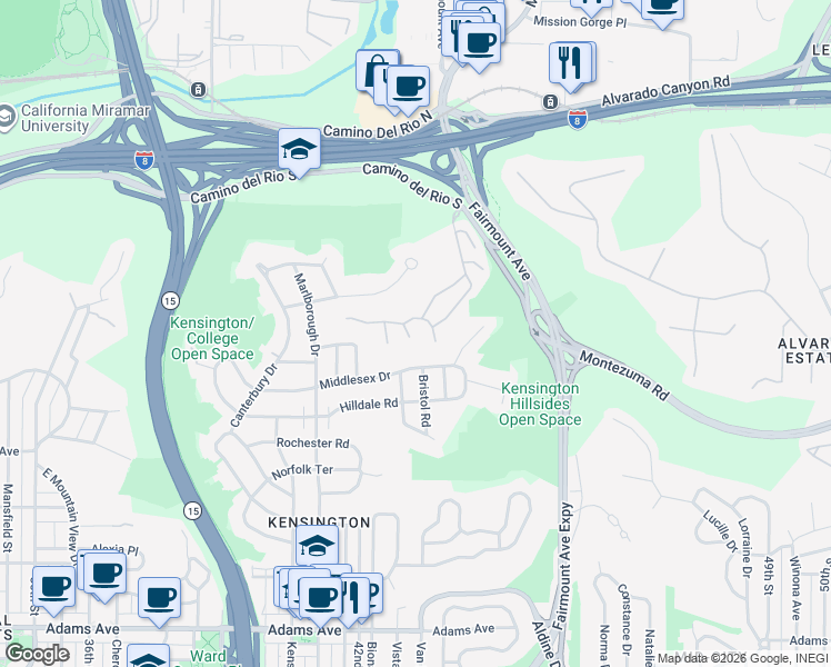 map of restaurants, bars, coffee shops, grocery stores, and more near 4309 Caminito Pintoresco in San Diego