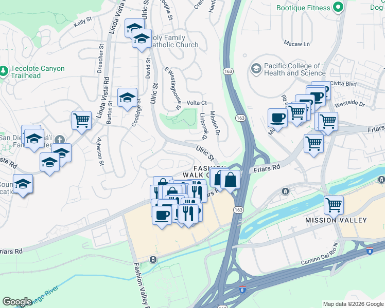map of restaurants, bars, coffee shops, grocery stores, and more near 7223 Camino Degrazia in San Diego
