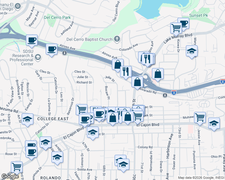 map of restaurants, bars, coffee shops, grocery stores, and more near 5181 Barbara Ann Place in San Diego