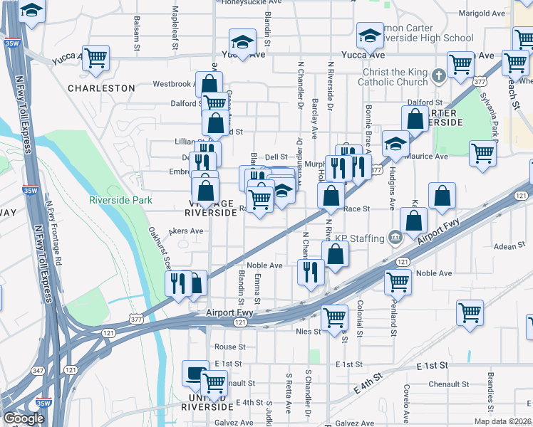 map of restaurants, bars, coffee shops, grocery stores, and more near 2905 Race Street in Fort Worth