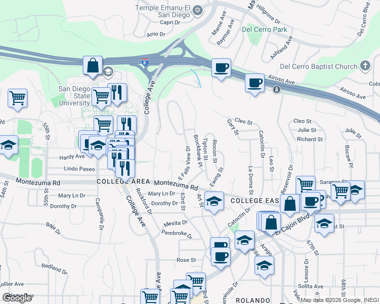 map of restaurants, bars, coffee shops, grocery stores, and more near 5236 East Falls View Drive in San Diego
