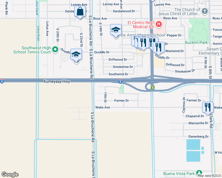 map of restaurants, bars, coffee shops, grocery stores, and more near 1869 Barbara Way in El Centro