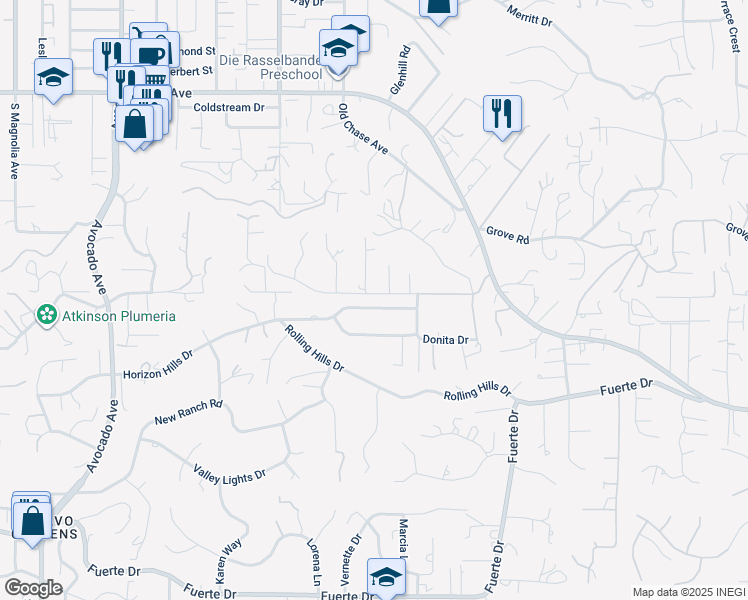 map of restaurants, bars, coffee shops, grocery stores, and more near 11228 Horizon Hills Drive in El Cajon