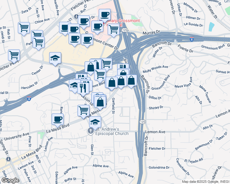 map of restaurants, bars, coffee shops, grocery stores, and more near 8867 Grossmont Boulevard in La Mesa