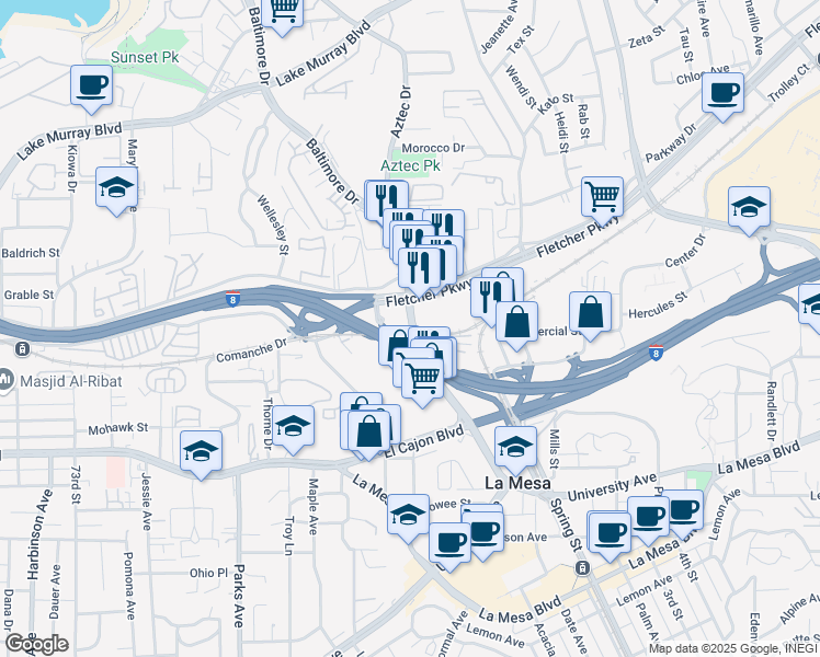 map of restaurants, bars, coffee shops, grocery stores, and more near 8005 Fletcher Parkway in La Mesa