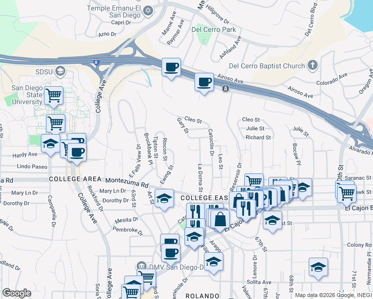 map of restaurants, bars, coffee shops, grocery stores, and more near 6407 Richard Street in San Diego