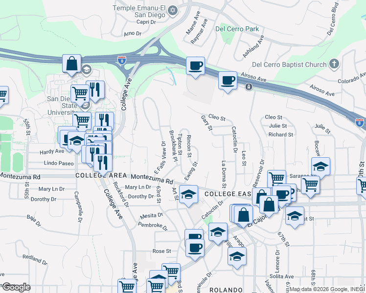 map of restaurants, bars, coffee shops, grocery stores, and more near 5230 Tipton Street in San Diego