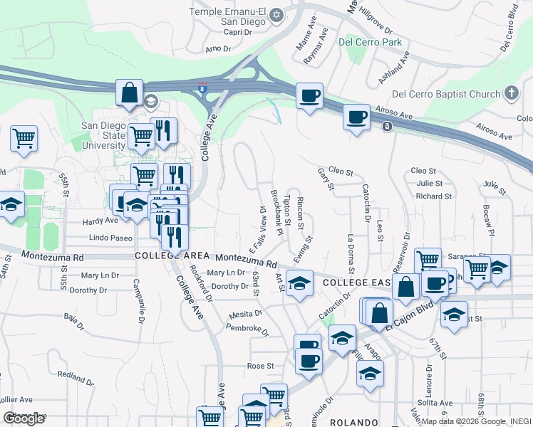 map of restaurants, bars, coffee shops, grocery stores, and more near 5236 East Falls View Drive in San Diego