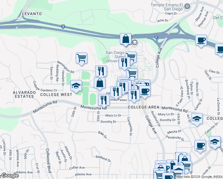 map of restaurants, bars, coffee shops, grocery stores, and more near 5585 Aztec Walk in San Diego