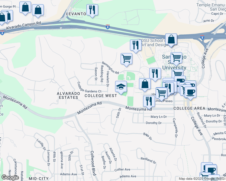 map of restaurants, bars, coffee shops, grocery stores, and more near 5297 Hewlett Drive in San Diego