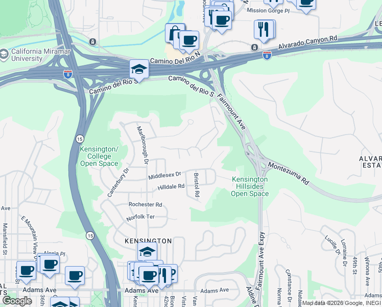 map of restaurants, bars, coffee shops, grocery stores, and more near 4309 Caminito Pintoresco in San Diego