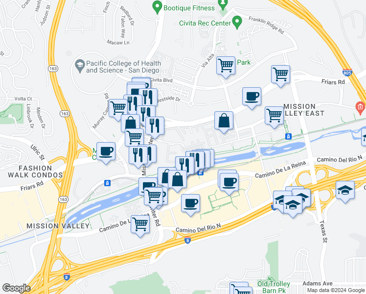 map of restaurants, bars, coffee shops, grocery stores, and more near 7960 Mission Center Court in San Diego