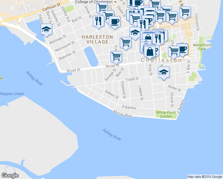 map of restaurants, bars, coffee shops, grocery stores, and more near 8 Council Street in Charleston