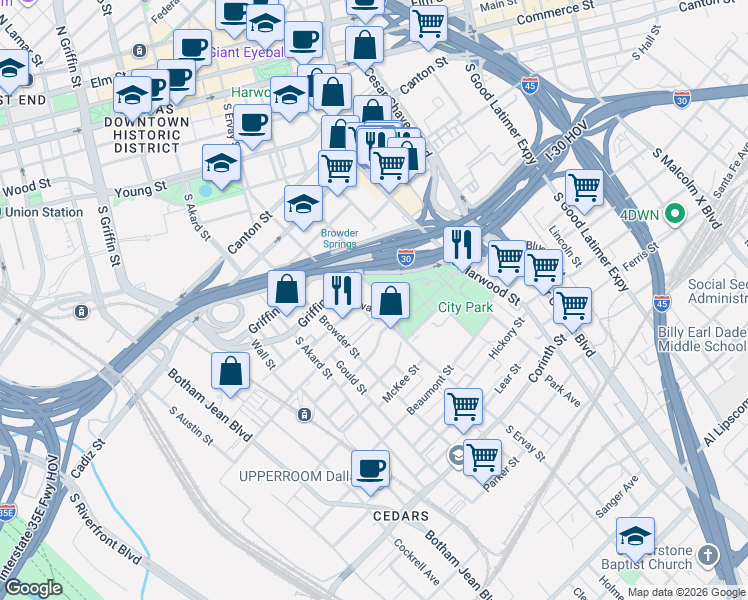 map of restaurants, bars, coffee shops, grocery stores, and more near South Saint Paul Street in Dallas