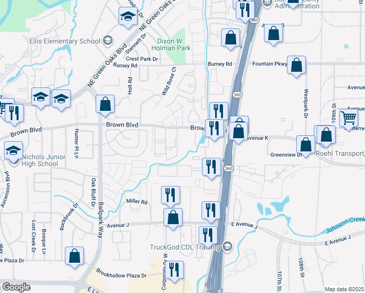 map of restaurants, bars, coffee shops, grocery stores, and more near 2412 Forest Oaks Lane in Arlington