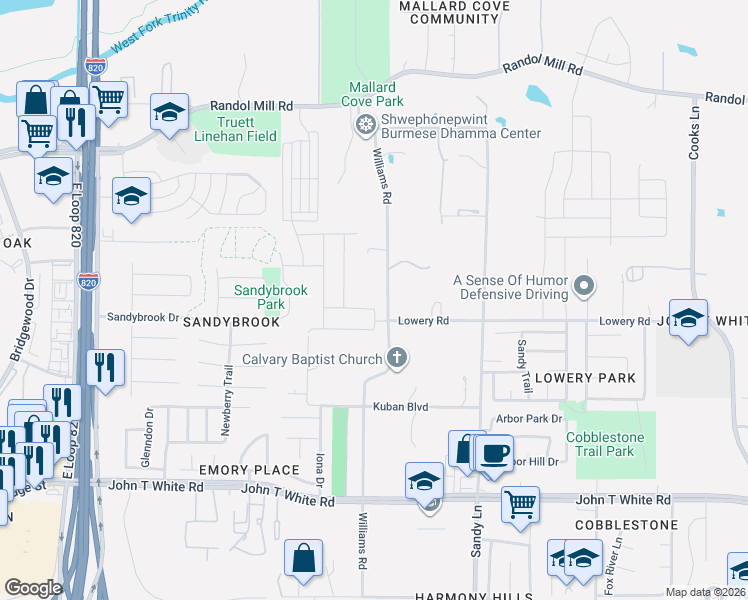 map of restaurants, bars, coffee shops, grocery stores, and more near 416 Williams Road in Fort Worth