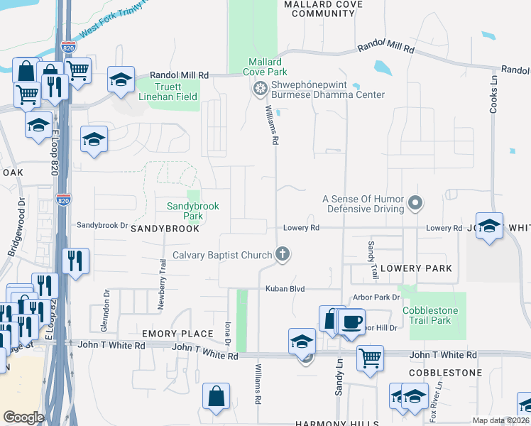 map of restaurants, bars, coffee shops, grocery stores, and more near 416 Williams Road in Fort Worth