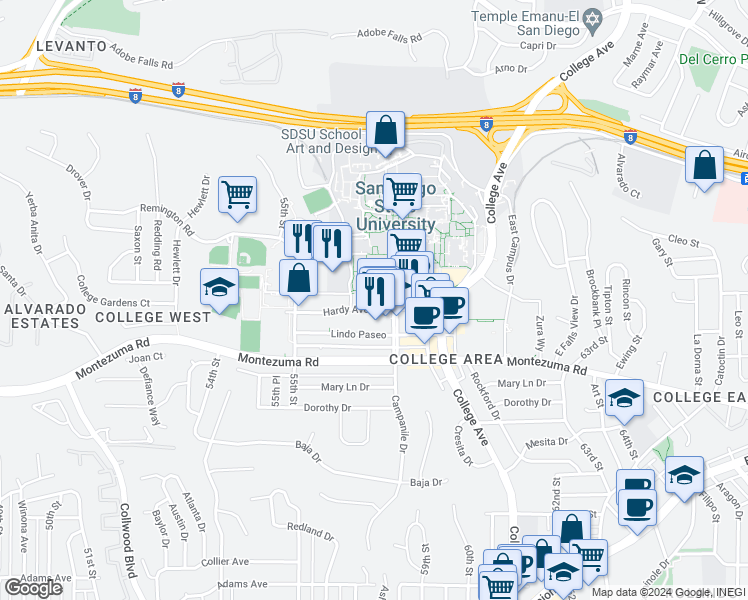 map of restaurants, bars, coffee shops, grocery stores, and more near 5710 Hardy Avenue in San Diego