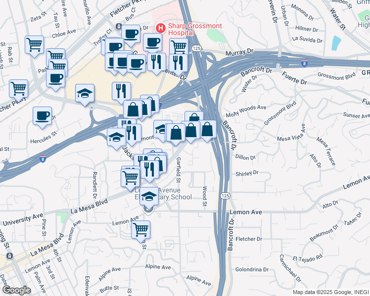 map of restaurants, bars, coffee shops, grocery stores, and more near 8867 Grossmont Boulevard in La Mesa