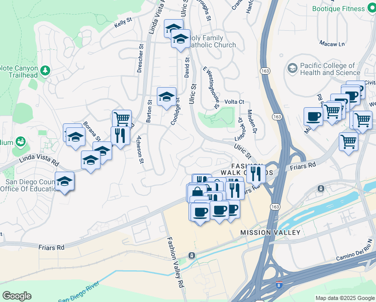 map of restaurants, bars, coffee shops, grocery stores, and more near 6992 Glidden Street in San Diego