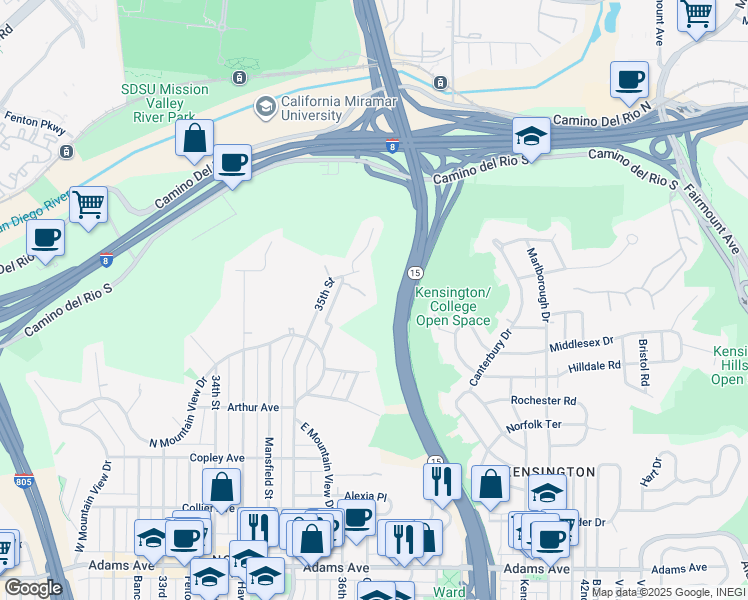 map of restaurants, bars, coffee shops, grocery stores, and more near 5207 Benton Place in San Diego