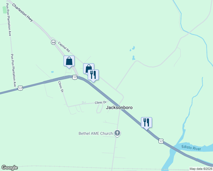 map of restaurants, bars, coffee shops, grocery stores, and more near 616 Capital Road in Jacksonboro