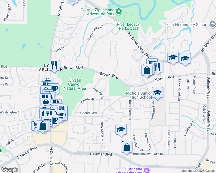 map of restaurants, bars, coffee shops, grocery stores, and more near 2402 Meandering Way in Arlington