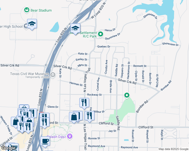 map of restaurants, bars, coffee shops, grocery stores, and more near 804 Hallvale Drive in Fort Worth
