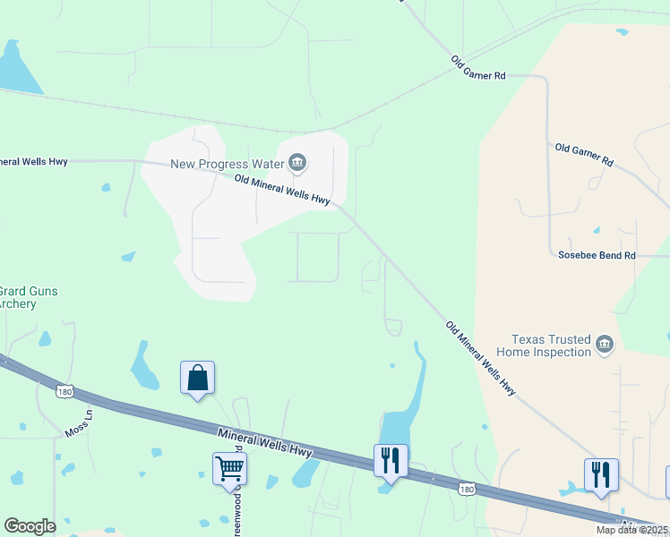 map of restaurants, bars, coffee shops, grocery stores, and more near 2515 Old Mineral Wells Highway in Weatherford