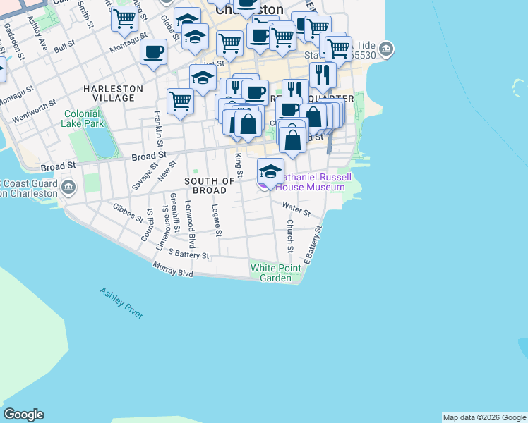 map of restaurants, bars, coffee shops, grocery stores, and more near 44 Meeting Street in Charleston