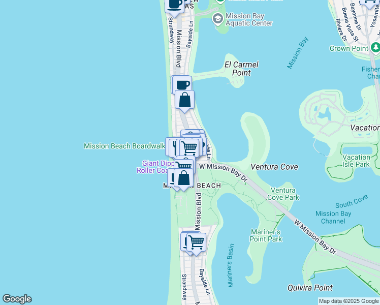 map of restaurants, bars, coffee shops, grocery stores, and more near 777 Isthmus Court in San Diego